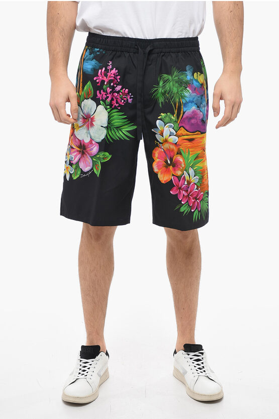 Dolce & Gabbana Cotton Jogging Shorts With Hawaiian Print In Multicolor