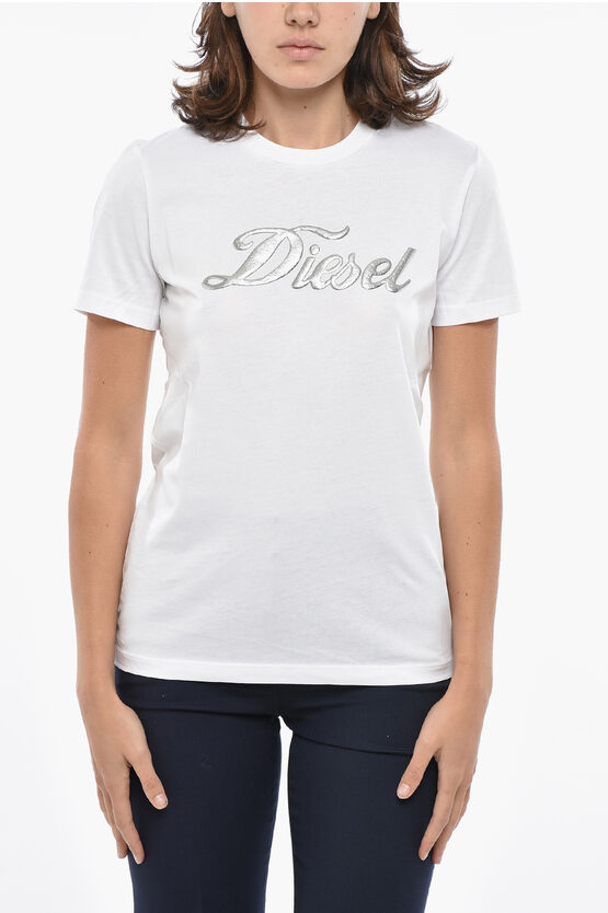 Diesel Cotton Sily T-shirt With Lamè Logo Print In White