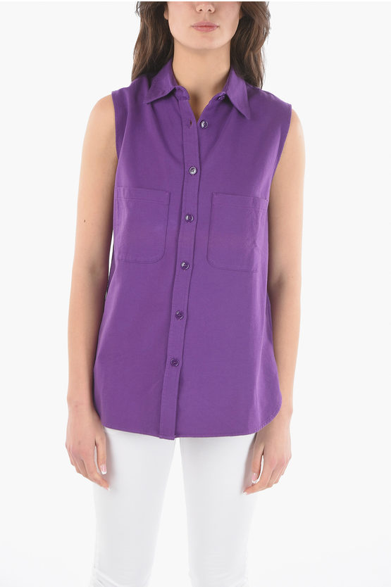 Woolrich Cotton Sleeveless Maxi Shirt With Double Breast Pockets In Purple