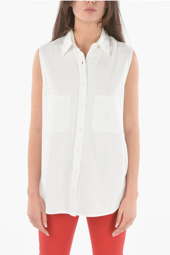 Woolrich Cotton Sleeveless Maxi Shirt With Double Breast Pockets In White