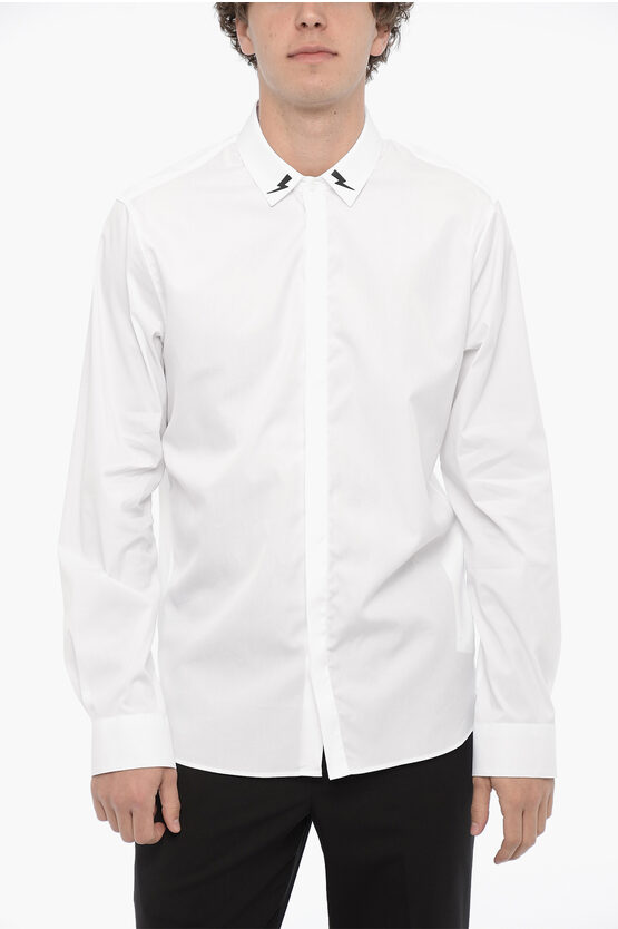 Shop Neil Barrett Cotton Slim Fit Shirt With Thunderbolto Embroidery