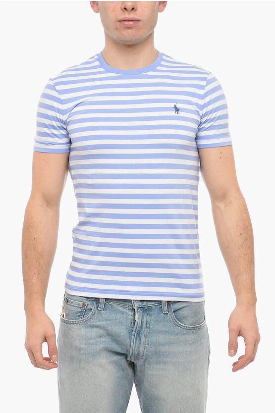 Polo Ralph Lauren Cotton Slim Fit T-shirt With Awning Stripe Motif In Blue