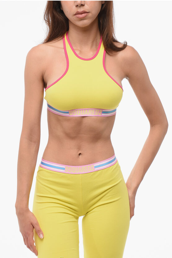 Dsquared2 Cotton Sport Bra With Contrasting Trims In Yellow