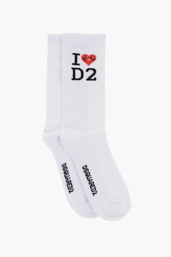 Dsquared2 Cotton Stretch Long Socks With Ribs Details In White