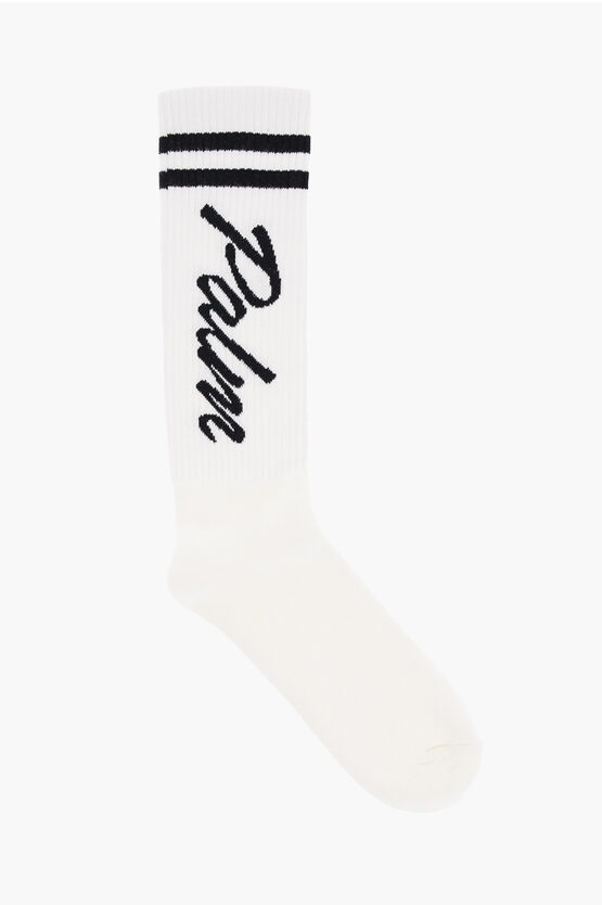 Palm Angels Cotton Stripes And Palm Crew Socks In White