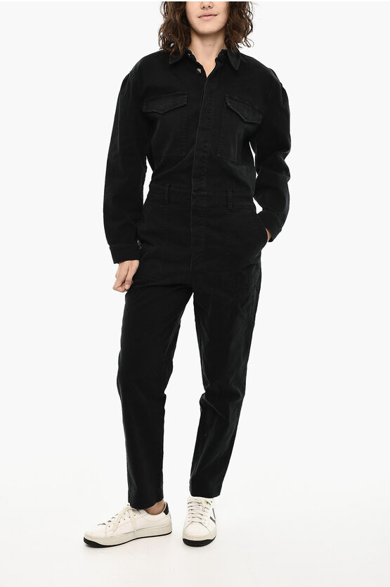Woolrich Cotton Twill Jumpsuit With Logoed Buttons In Black