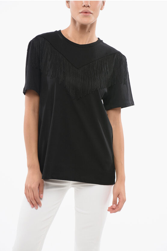 Pinko Cotton Under World Crew-neck T-shirt With Fringes
