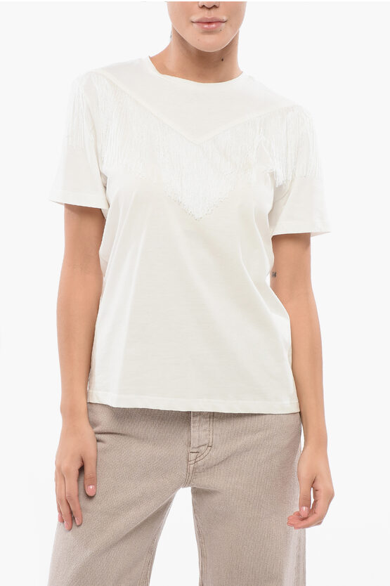 Pinko Cotton Under World Crew-neck T-shirt With Fringes