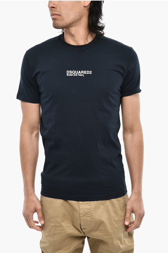 Dsquared2 Men Blue Crewneck T-shirt With Logo Lettering On The Front In Cotton Man