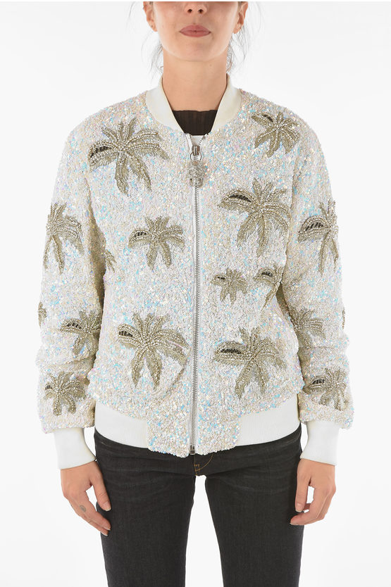 Philipp Plein Couture All-over Sequine And Crystal Aloha Plein Bomber Jack In Neutral