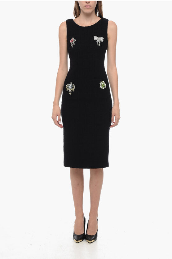 Moschino Couture Bouclé Wool Midí Dress With Jewels Application In Black