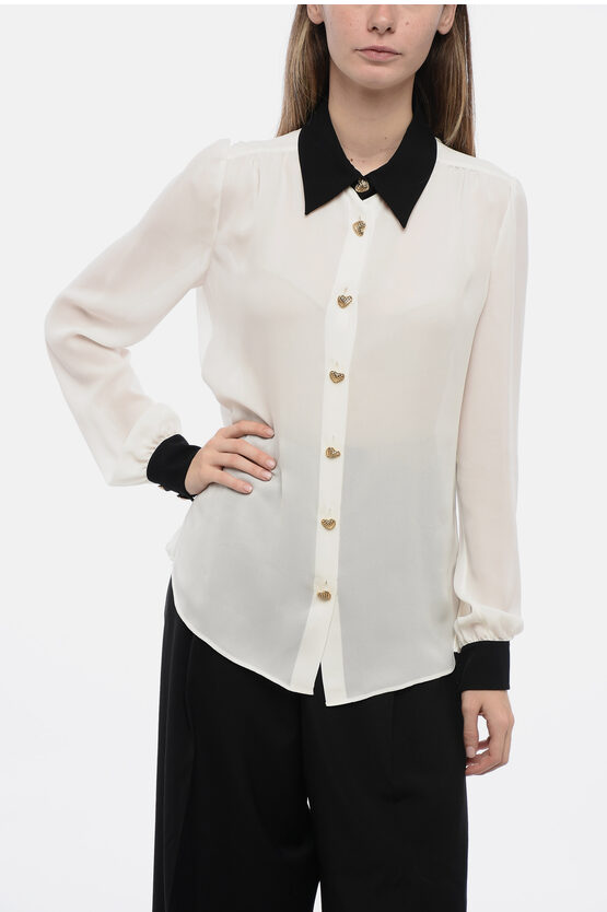 Shop Moschino Couture Chiffon Contrasting Desing Blouse With Jewel Buttoms