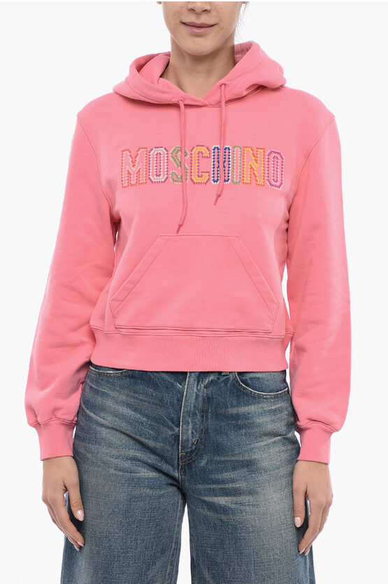 Moschino Couture! Cotton Hoodie With Crochet Embroidery In Pink