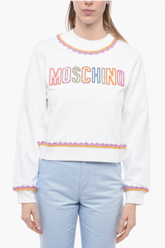 Moschino Couture! Crew Neck Cotton Sweatshirt With Crochet Embroideri In White