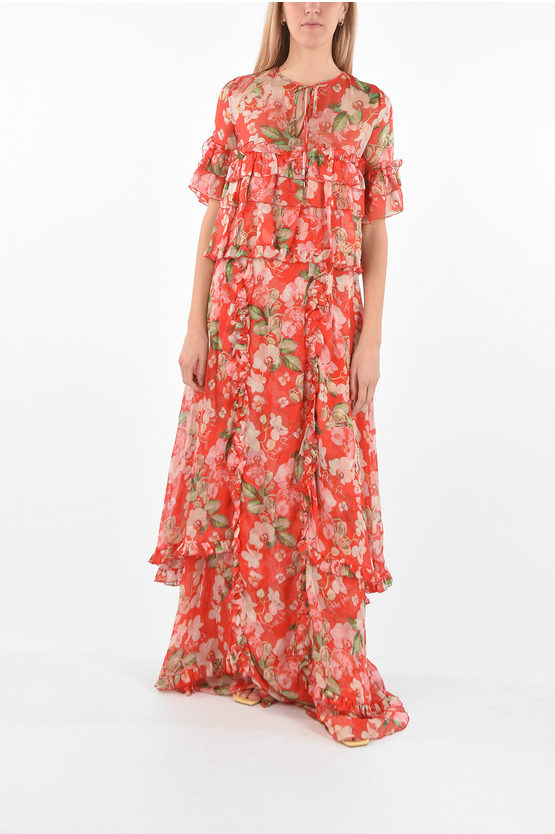Philipp Plein Couture Est.1978 Floral Patterned Silk Ruffles Maxi Dress In Pink