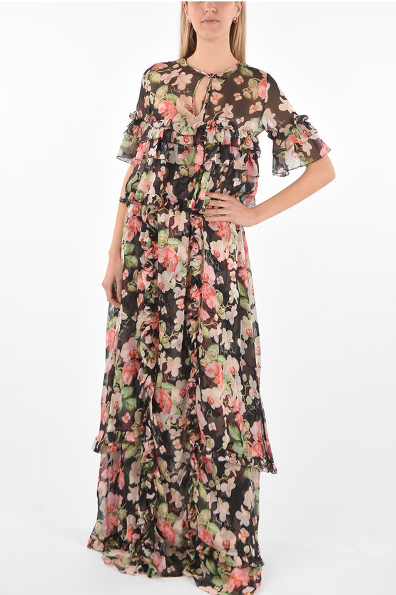 Philipp Plein Couture Est.1978 Floral Patterned Silk Ruffles Maxi Dress In Multi