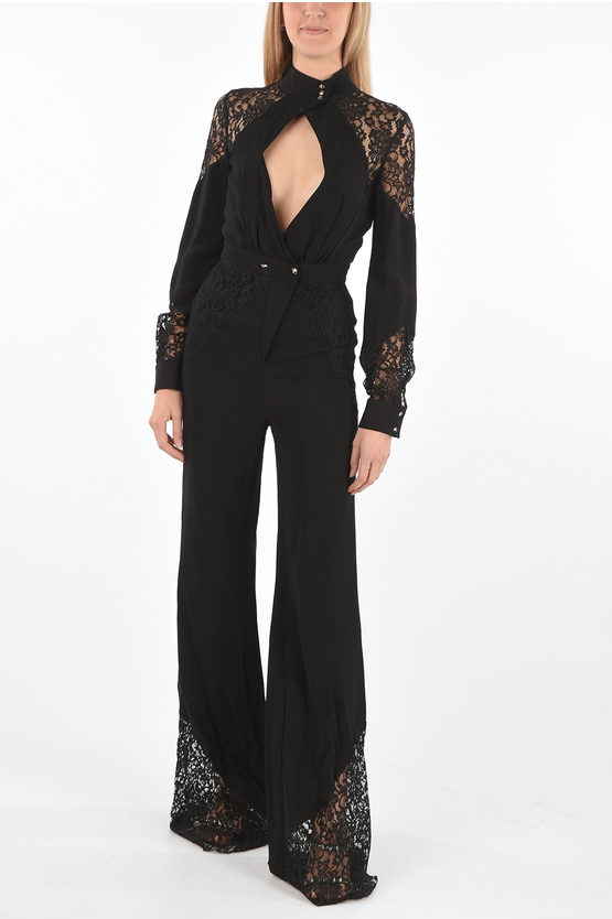 Philipp Plein Couture Est.1978 Jumsuit With Lace Details And Plunging Neck In Black