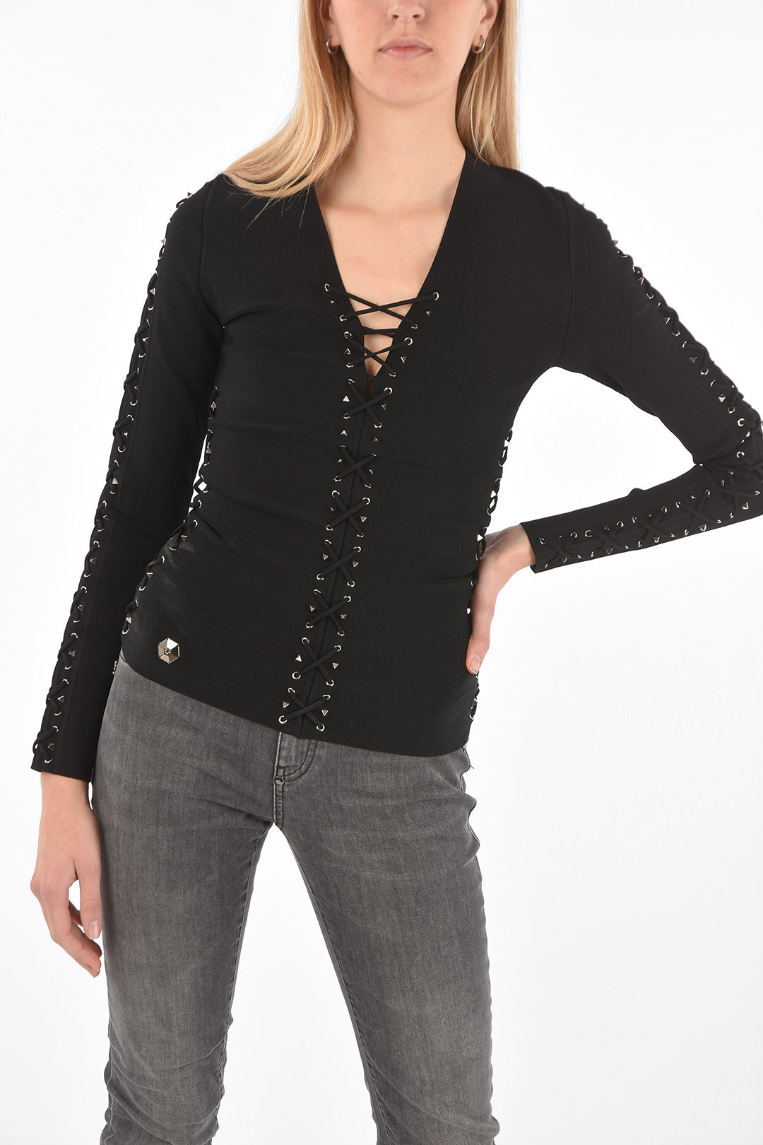 COUTURE EST.1978 lace up long sleeve top with studs