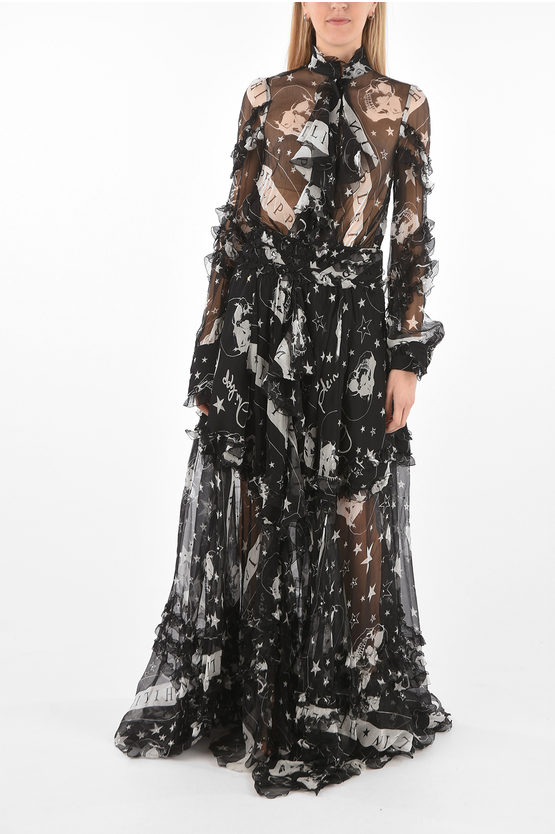 Philipp Plein Couture Est.1978 Sheer Silk Ruffles Floor Dress With Tie Nec In Black