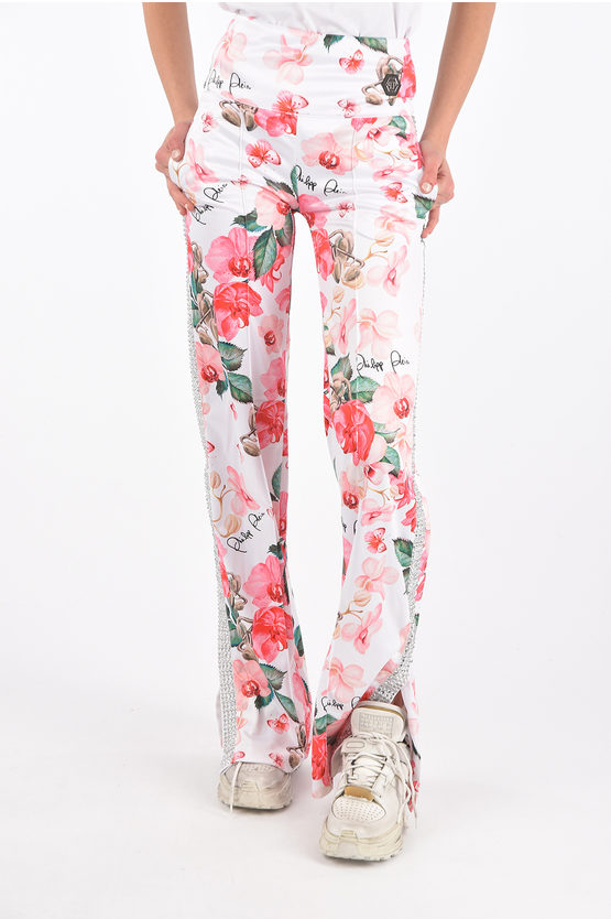 Philipp Plein Couture Floral-printed Jogging Pants With Side Band Rhinesto In Black
