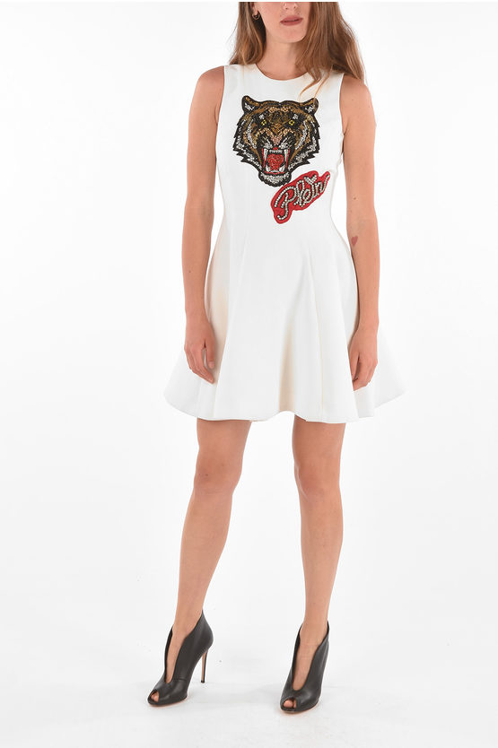 Philipp Plein Couture Front Embroidered Karel Bishop Flared Dress In Neutral