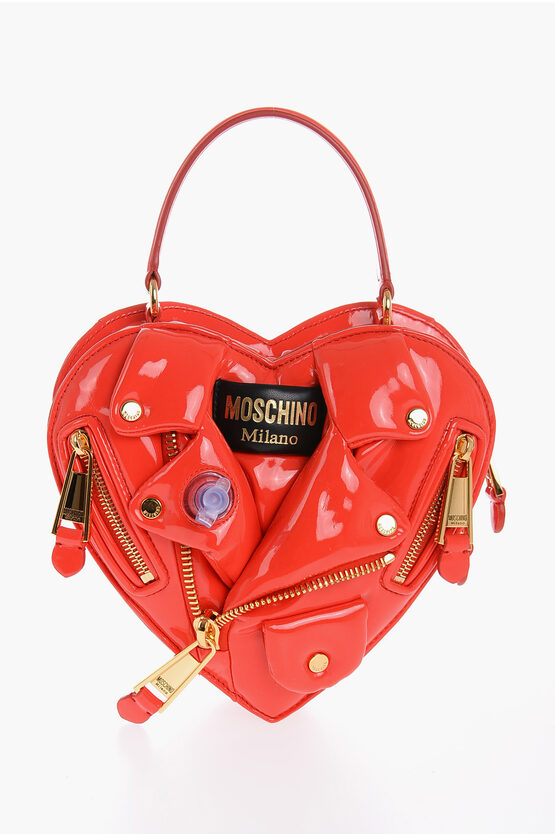 Moschino Couture! Heart-shaped Patent Faux Leather Biker Bag With Inf In Red
