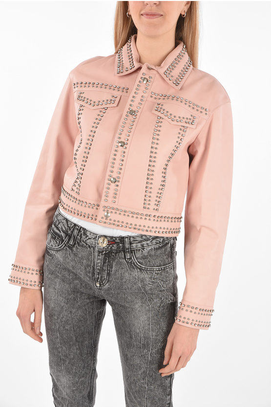Philipp Plein Couture Leather Bomber Jacket Crystal Embellished With Studs In Pink