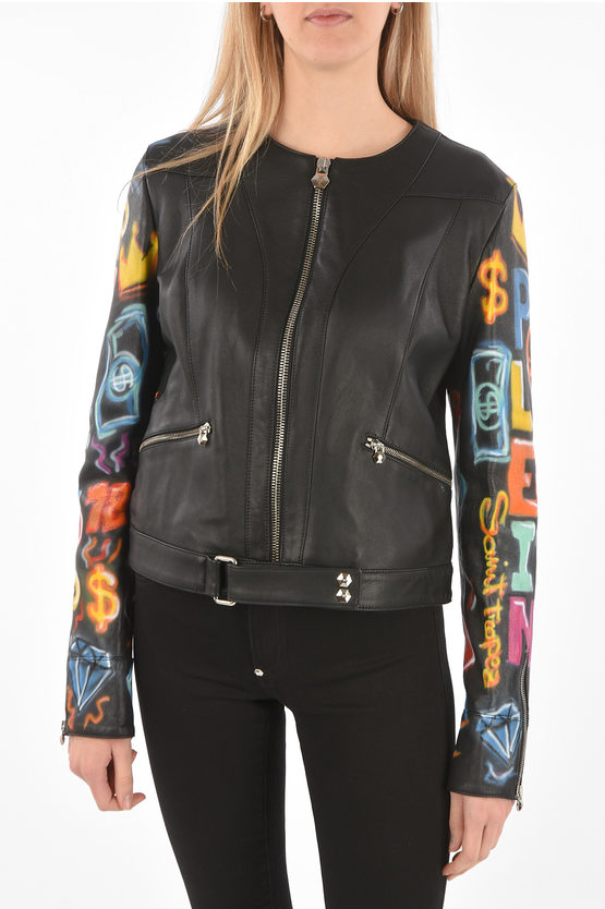 Philipp Plein Couture Leather Jacket Graffiti With Printed Sleeves In Black