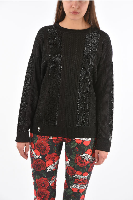 Philipp Plein Couture Lurex Ls Cable Knit Sweat With Crystal In Metallic