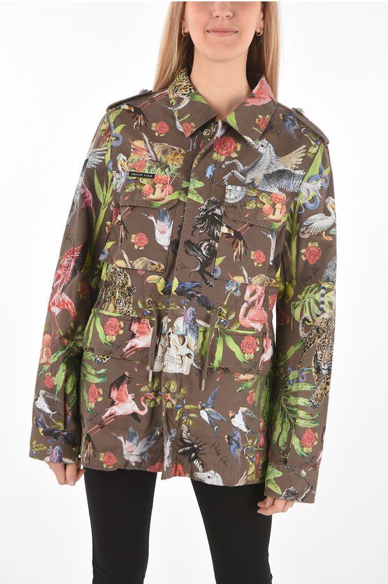 Philipp Plein Couture Printed Parka Jungle Embellished With Rhinestones In Brown