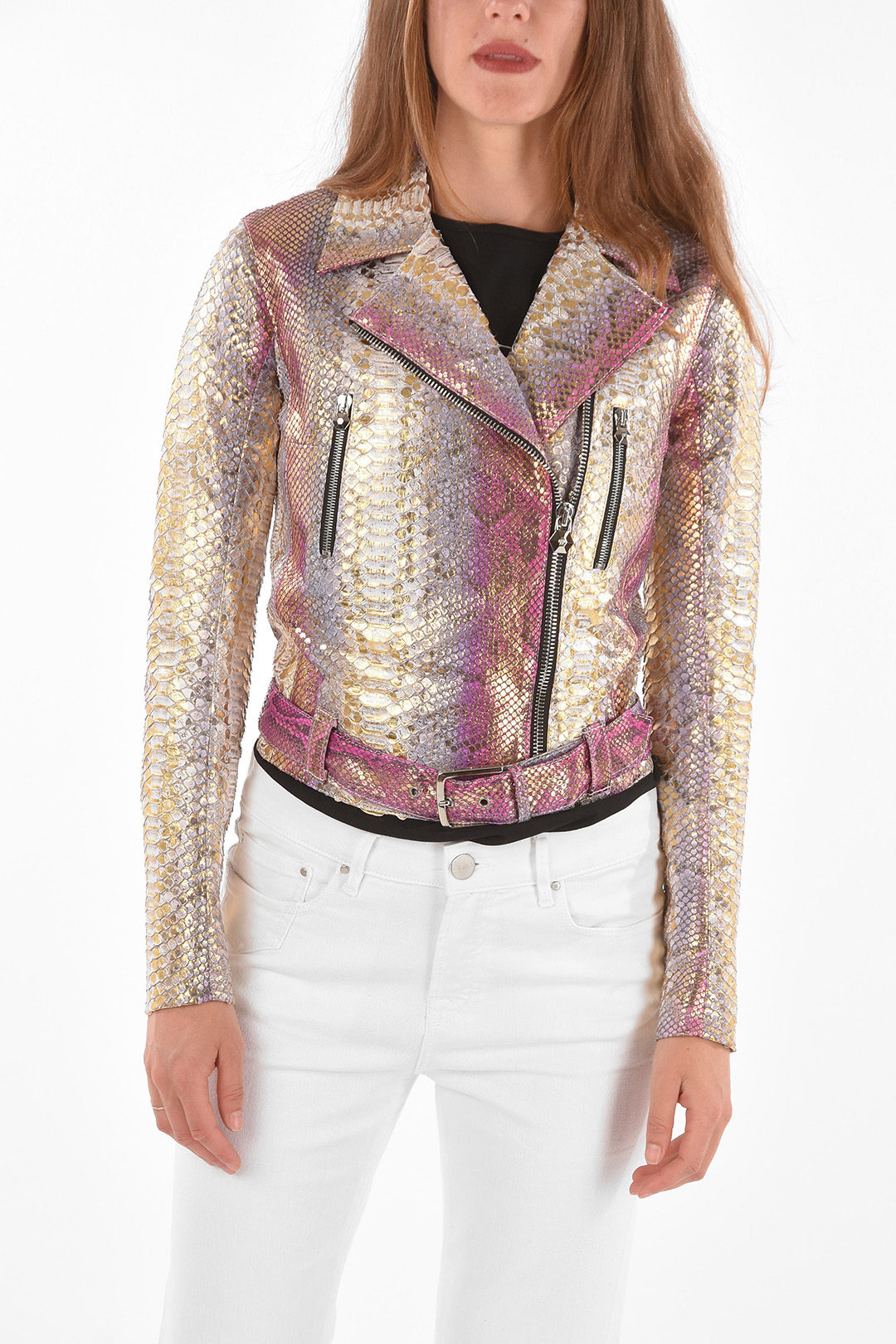 Philipp Plein COUTURE Python Leather Biker Jacket PINK MOOD women