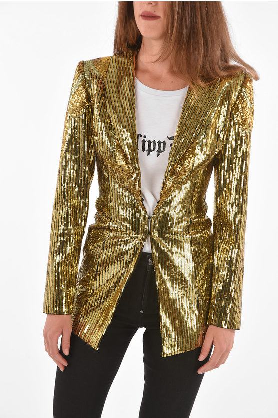 Philipp Plein Couture Shawl Lapel Sequined Blazer In Gold