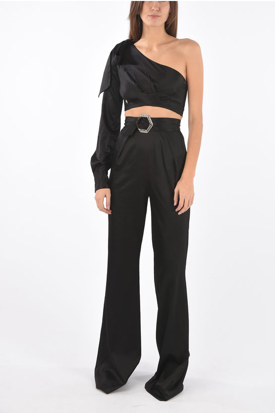 PHILIPP PLEIN COUTURE SILK BOOT CUT PANTS SUIT WITH ONE SHOULDER CROP TOP