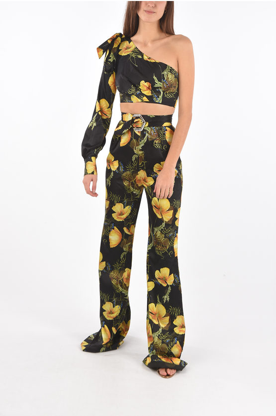 Philipp Plein Couture Silk Boot Cut Trousers Suit With One Shoulder Crop Top In Multi