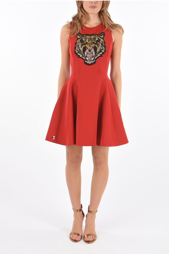 Philipp Plein Couture Sleeveless Above Knee Karel Bishop A-line Dress In Red