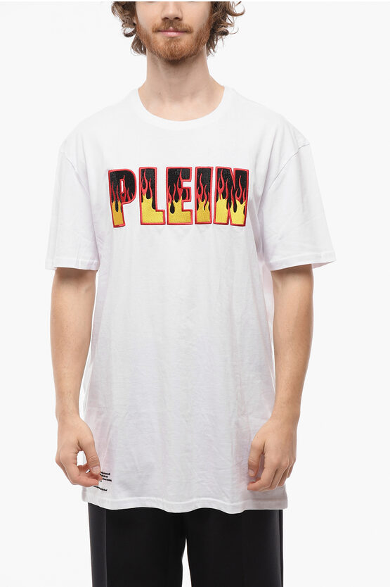 Philipp Plein Couture Ss Flame Crew-neck T-shirt With Embroidered Logo In White