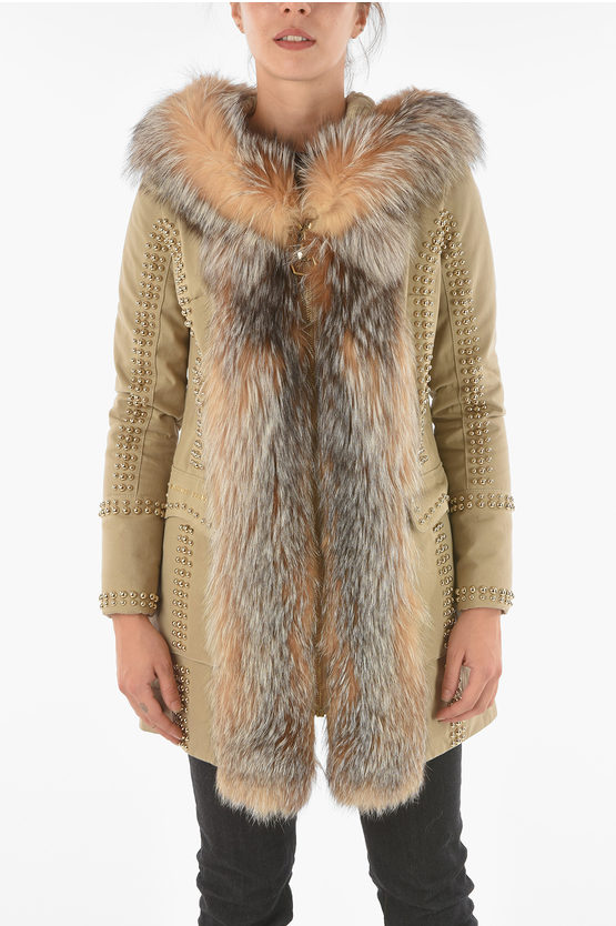 Philipp Plein Couture Studded Fox Fur Edged Amazing Fur Parka In Metallic