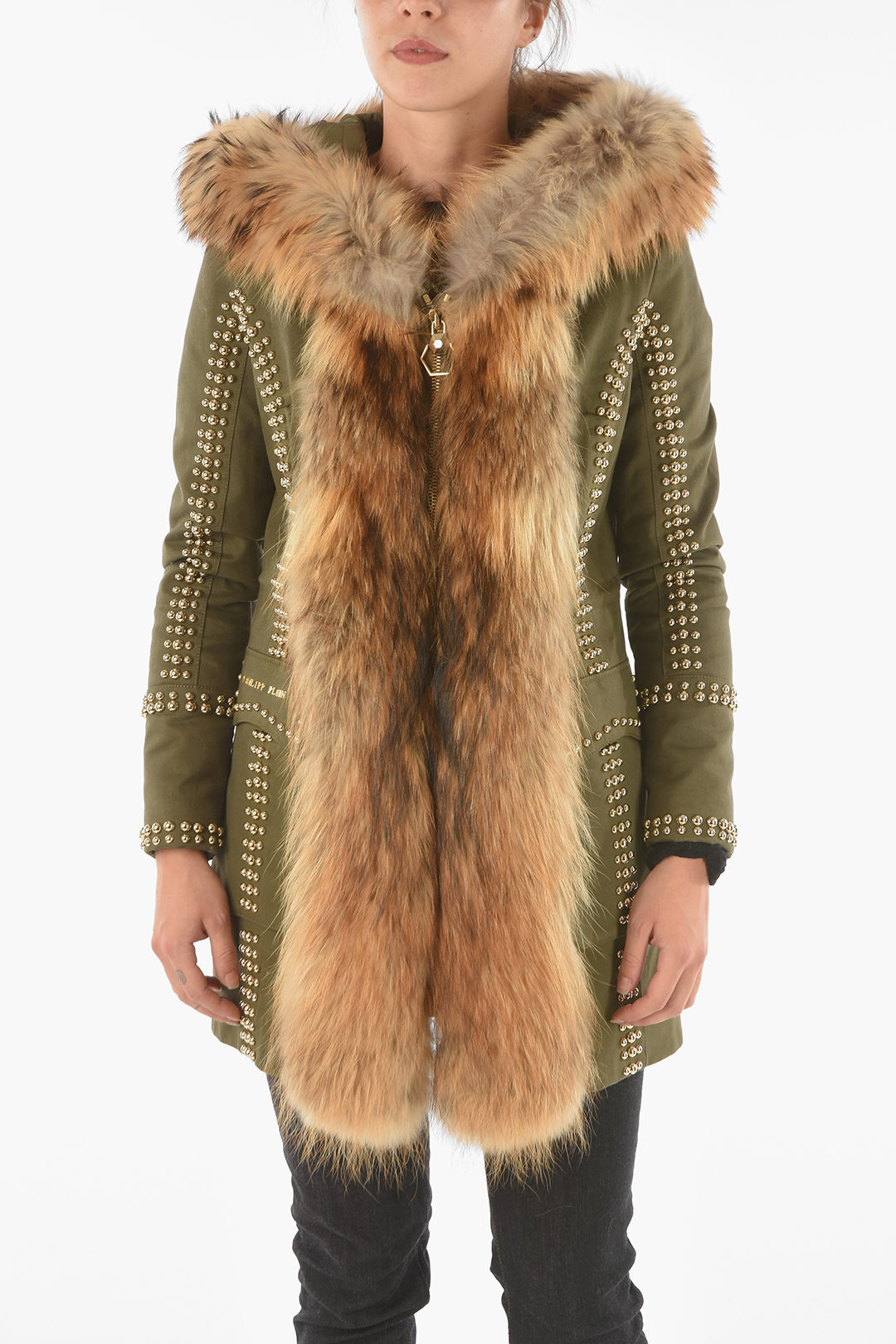 Philipp Plein COUTURE Studded Fox Edged WORK IT Parka - Outlet