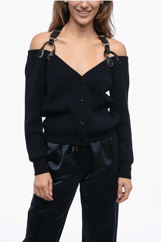 Moschino Couture Virgin Wool Ribbed Cardigan With Suspenders Detail