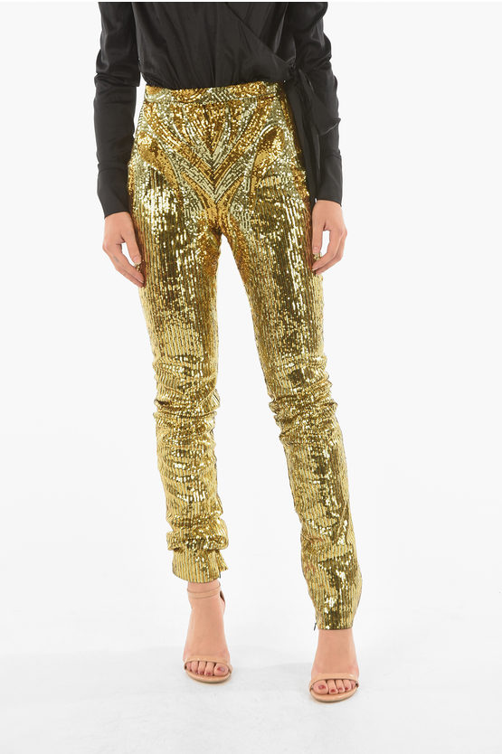 Philipp Plein Couture Zipped Ankle Elegant Sequined Pants In Gold