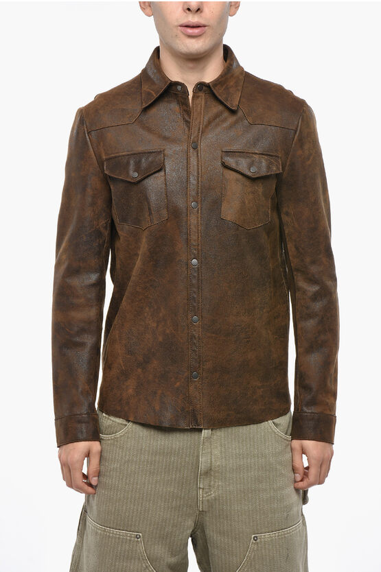 Salvatore Santoro Crackle-finish Leather Overshirt Jacket With Double Breast P In Brown