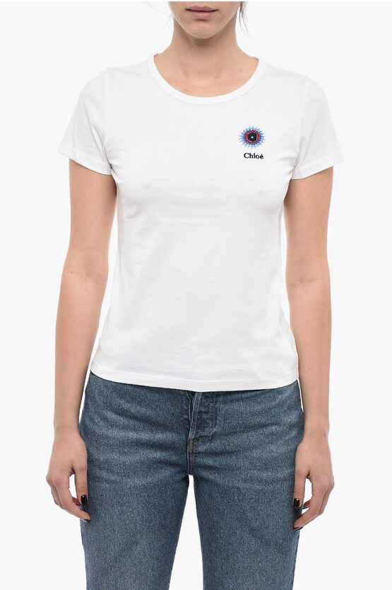 Chloé Craft Crew Neck Cotton T-shirt With Embroidery In Neutral