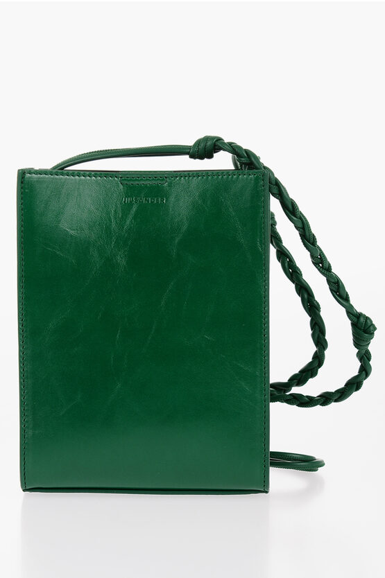 Jil Sander Craquelé Leather Bag With Woven Shoulder Strap In Green