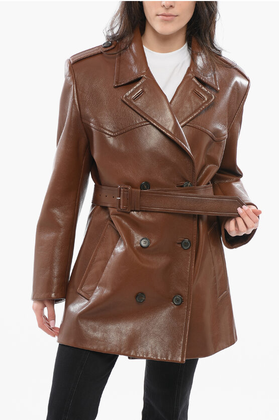 Prada Short Double-breasted Coat In Tobacco-coloured Leather