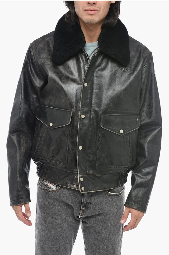 Diesel Craquelé Leather L-muds Jacket With Fur Collar In Black