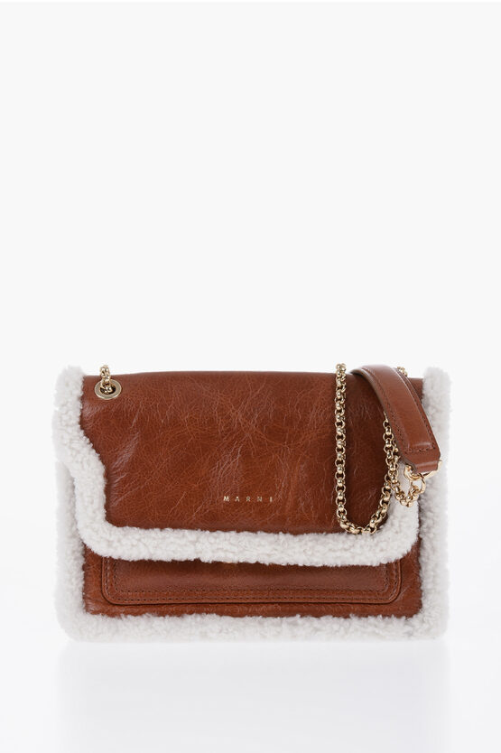 Marni Craquelé Leather Trunk Envelope Bag With Shearling Detail In Brown