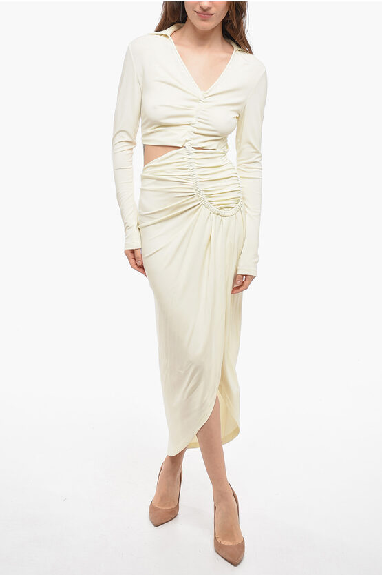 Shop Off-white Crepe Draped Dress With Pointed Collar