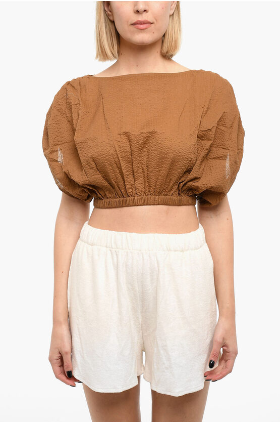 Marysia Creped-cotton Top With Ruffled Sleeves In Brown