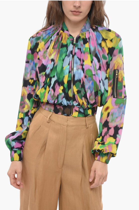 Az Factory Crepè Viscose Cropped Fit Bomber Jacket With Floral Motif In Multi