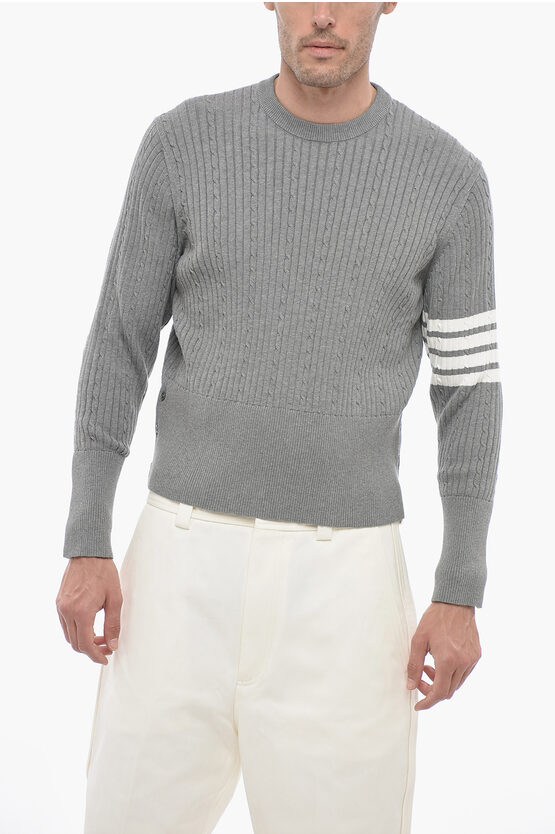 Shop Thom Browne Crew Neck Baby Cable Aran Cotton Sweater